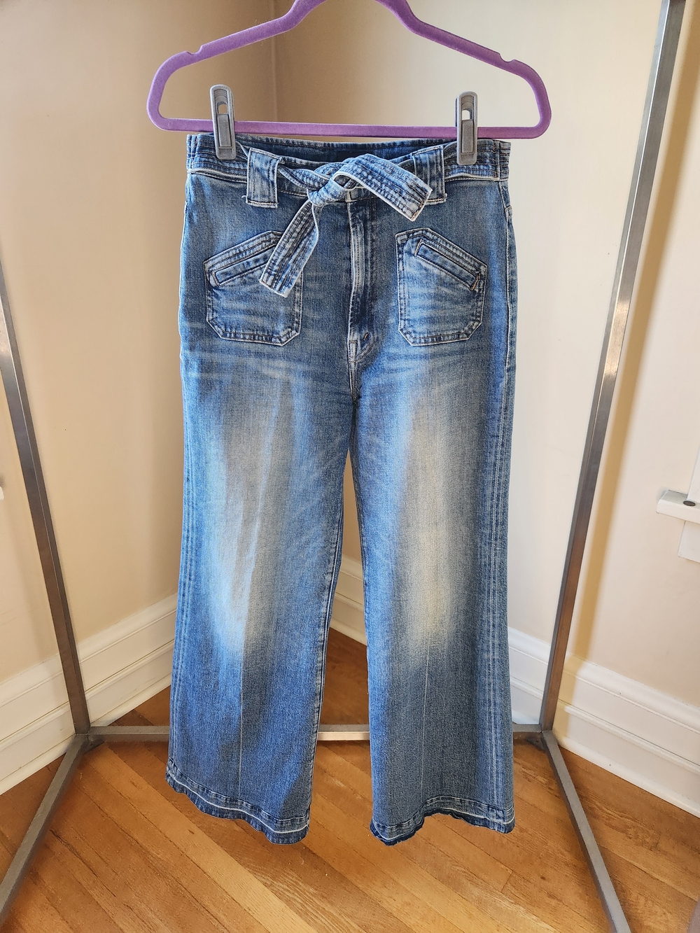 MOTHER High-Rise Wide-Leg Jeans in Faded Blue with Self-Tie Belt